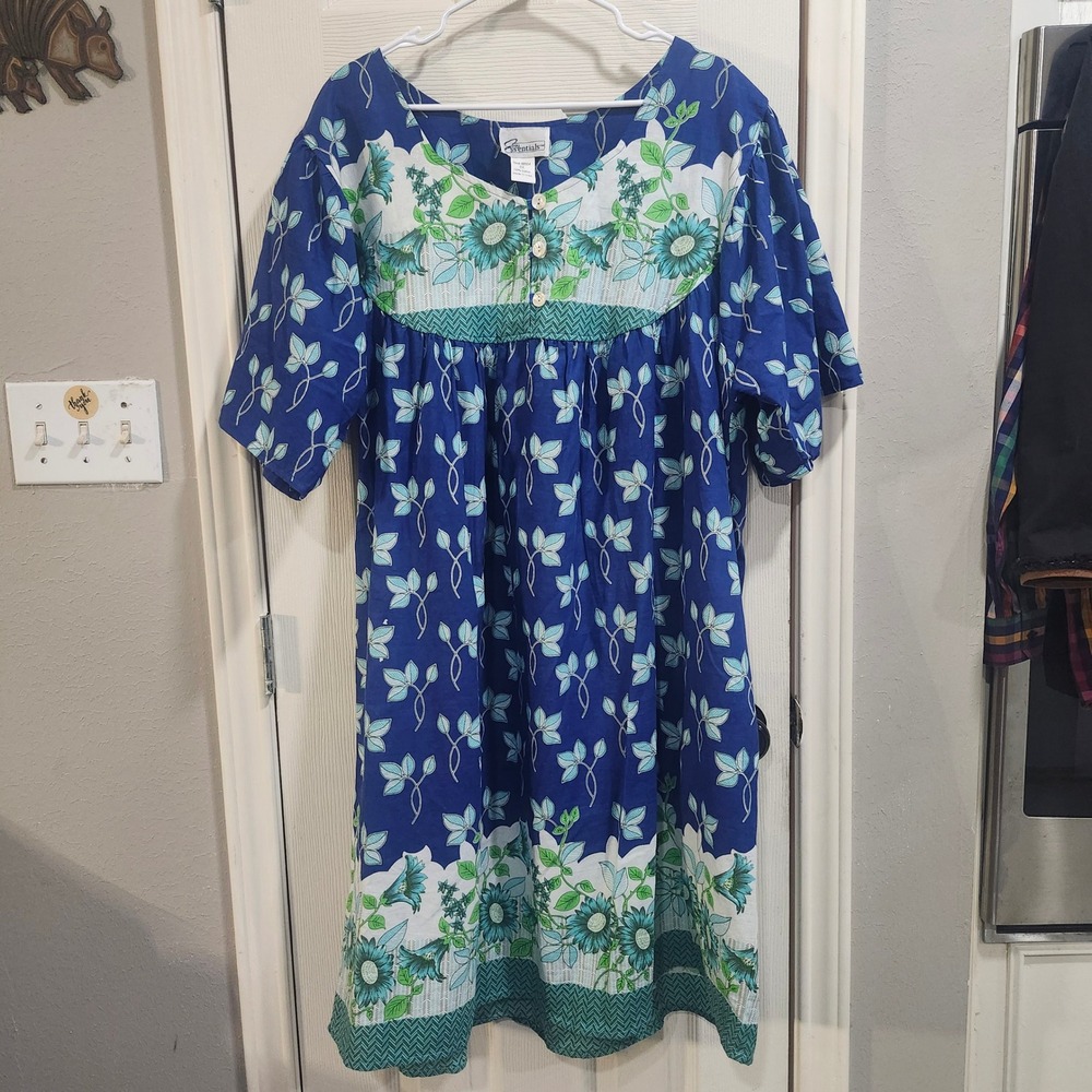 Easy Essentials Blue Floral Cotton Muumuu House Dress Pockets Plus Size 3X